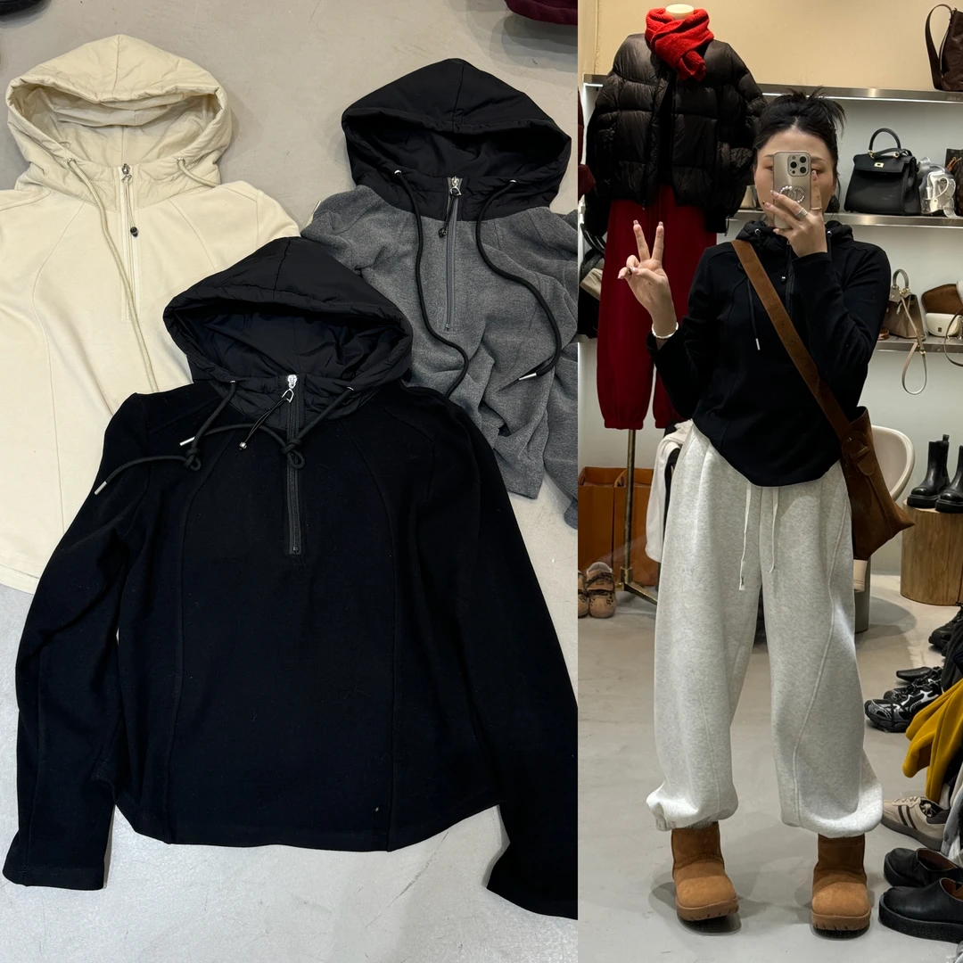 欧货保暖半拉链德绒连帽卫衣女秋冬设计感打底衫绒衫U型上衣帽衫