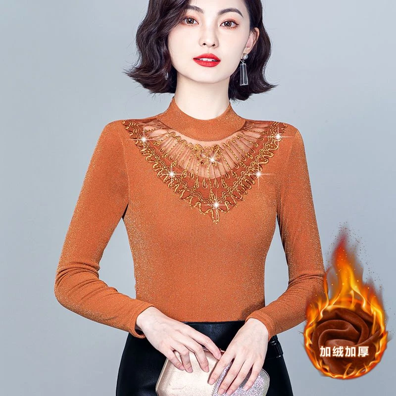 加绒烫钻蕾丝打底衫女中年妈妈2023新款内搭小衫高档洋气网纱上衣