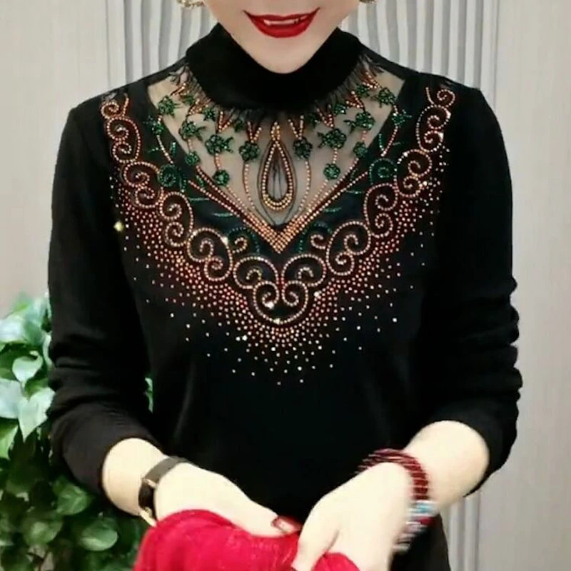 重工烫钻网纱打底衫女秋冬半高领加绒保暖黑色上衣长袖显瘦小衫