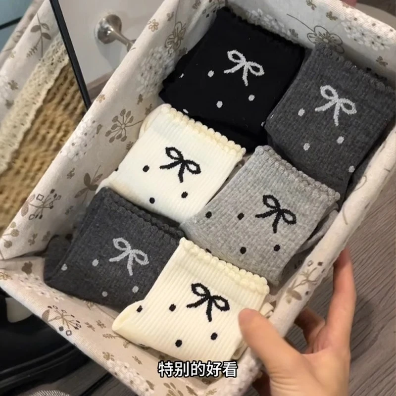 袜子女纯棉百搭袜子防臭圆点花边中筒袜蝴蝶结女袜甜美少女风透气