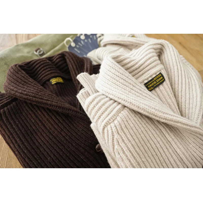 沾酱 棉羊毛 重磅开衫毛衣 高档羊毛款 秋冬青果领 美式复古咔叽