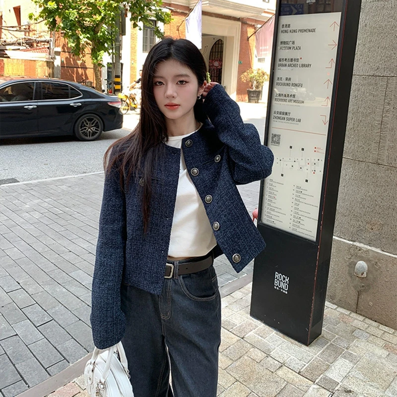 藏蓝色法式松弛感小香风外套2025秋季设计感单排扣气质短款上衣