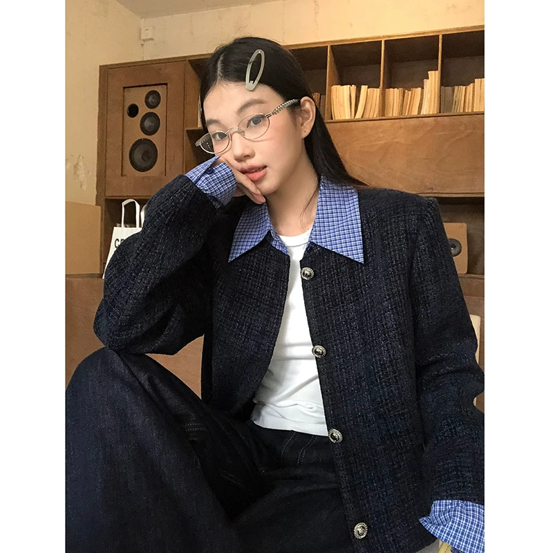 【衣领可拆卸】假两件小香风短外套女2025秋冬新款翻领长袖百搭上衣