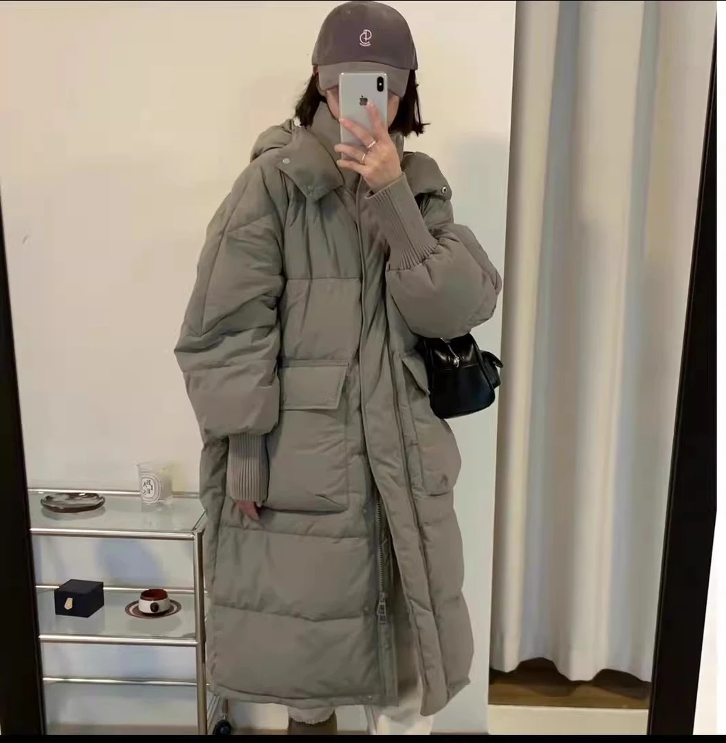 【鑫】韩版连帽宽松过膝螺纹袖女士白鸭绒羽绒服