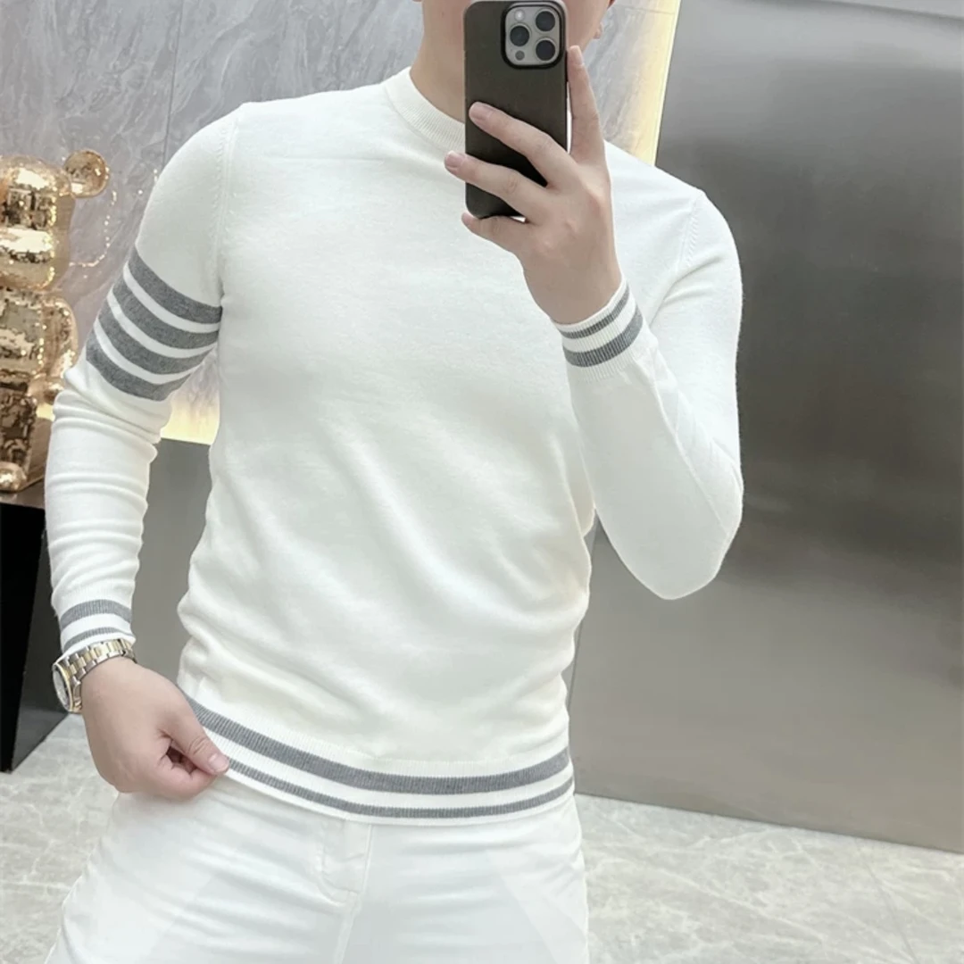 高档圆领针织毛衣男秋冬新款条纹简约长袖时尚修身百搭休闲打底衫