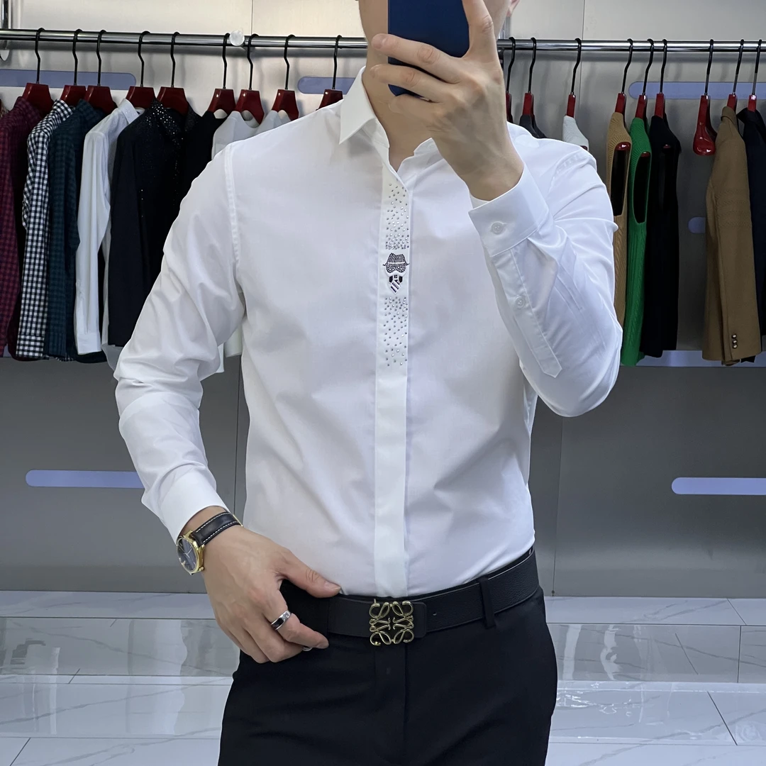 男士男款门襟工艺2色衬衫修身长袖潮流休闲韩版时尚帅气白色修身