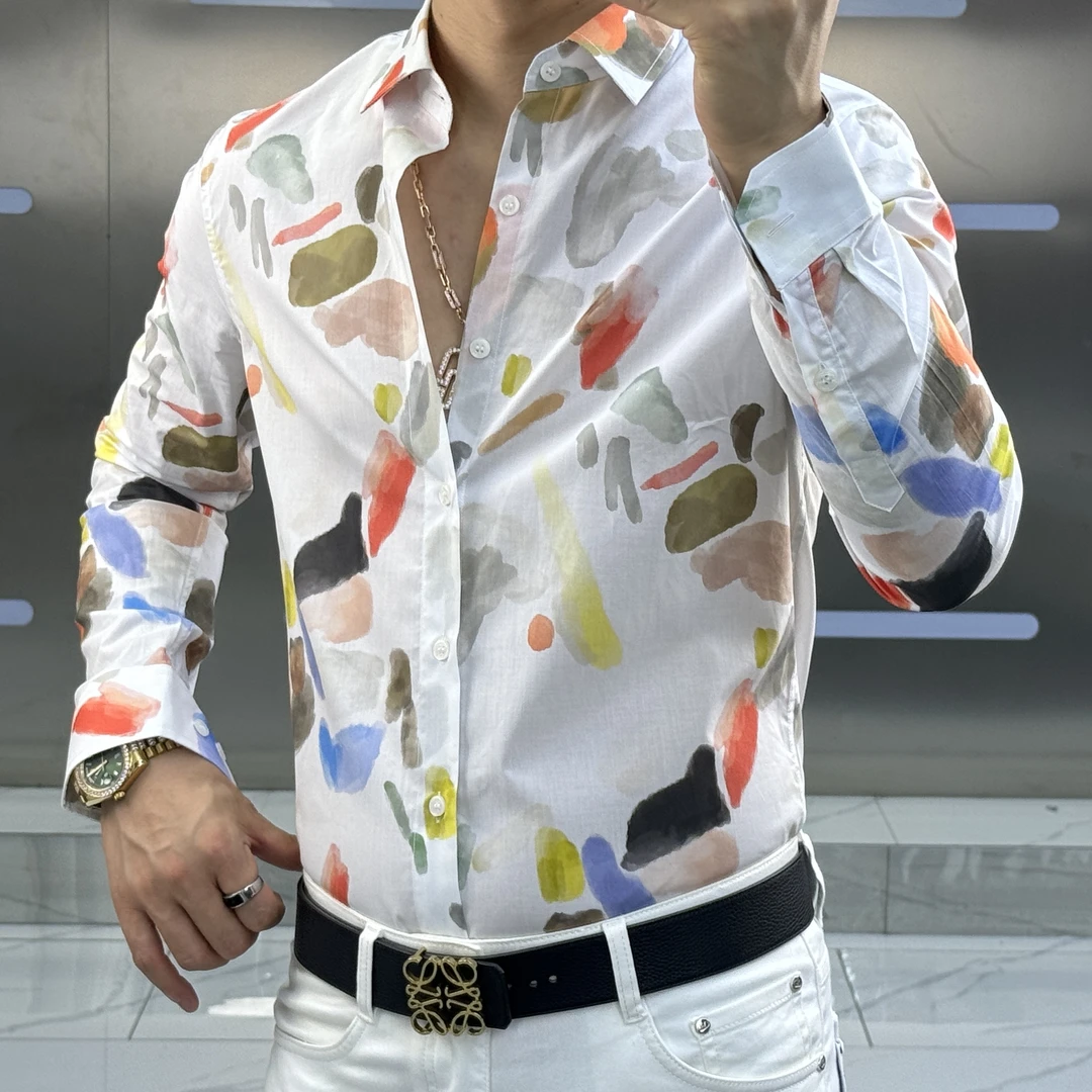 男士（多款式）秋季印花修身时尚潮流个性长袖衬衫衬衣网红休闲百搭