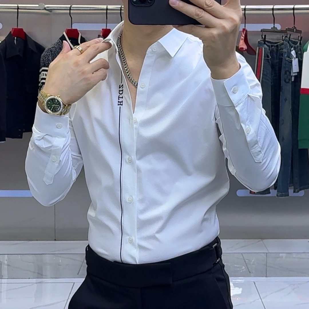 男士秋季新款刺绣工艺网红纯色痞帅帅气潮流修身百搭长袖衬衫衬衣