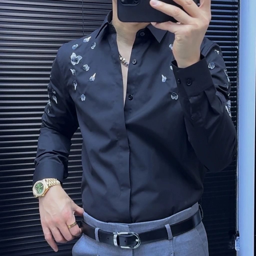 秋冬新款小花刺绣男士长袖衬衫时尚修身商务休闲韩版潮流百搭