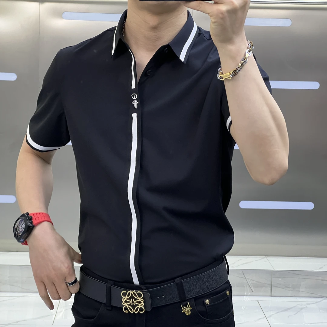 男士夏季新款轻奢百搭高品质时尚痞帅潮流休闲修身衬衣短袖衬衫