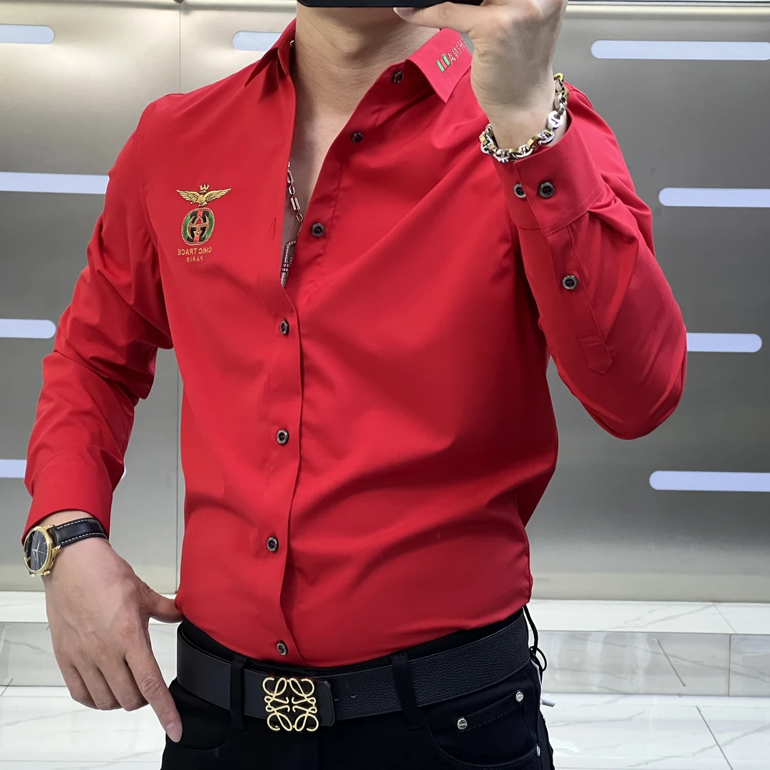 男士春款胸口工艺领子工艺衬衫修身衬衣潮流休闲韩版帅气秋季时尚