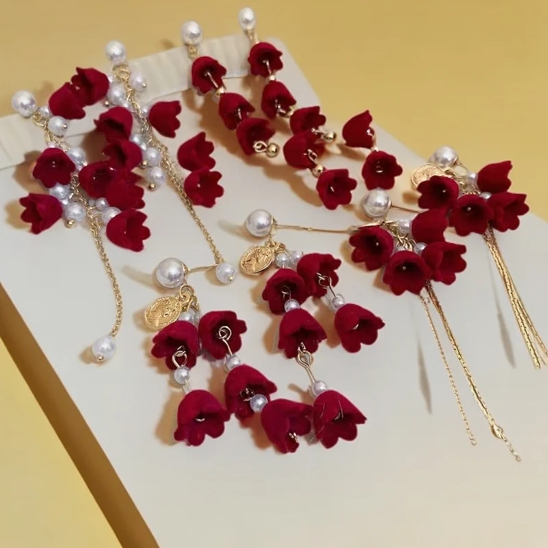 合金树脂耳饰 合金耳饰红色丝绒蝴蝶结耳钉复古流苏时尚耳环女