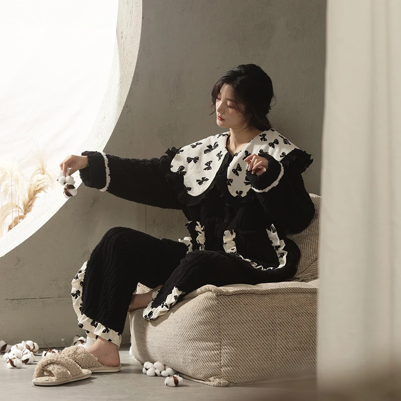 纯禧秋季春秋新款秋冬季长毛绒睡袍女冬翻领加厚睡衣女士冬珊瑚绒