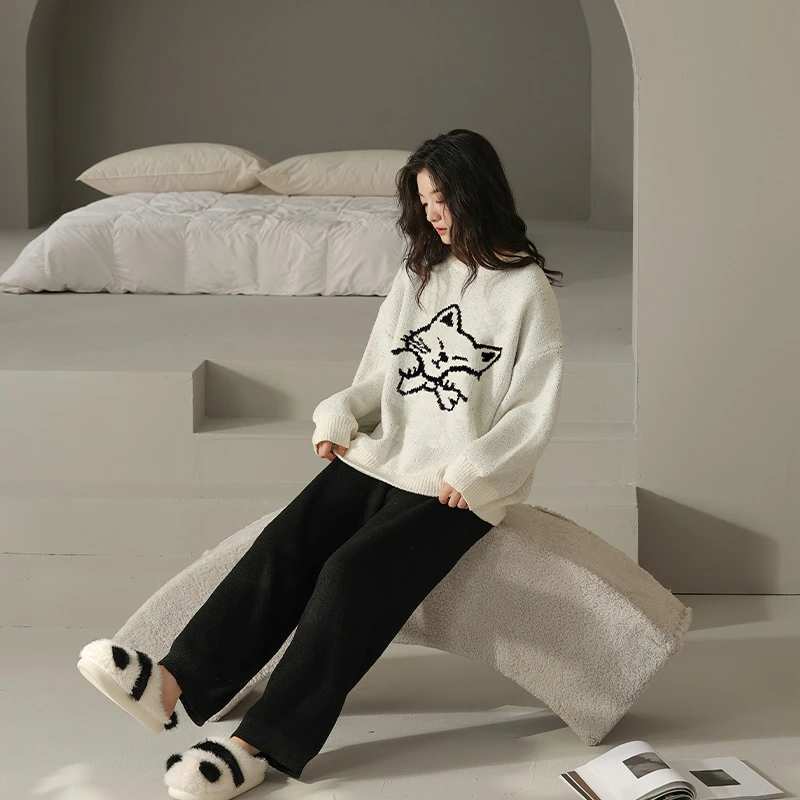 纯禧新款秋加绒长毛绒两件套时尚秋冬 睡衣女士冬珊瑚绒家居服