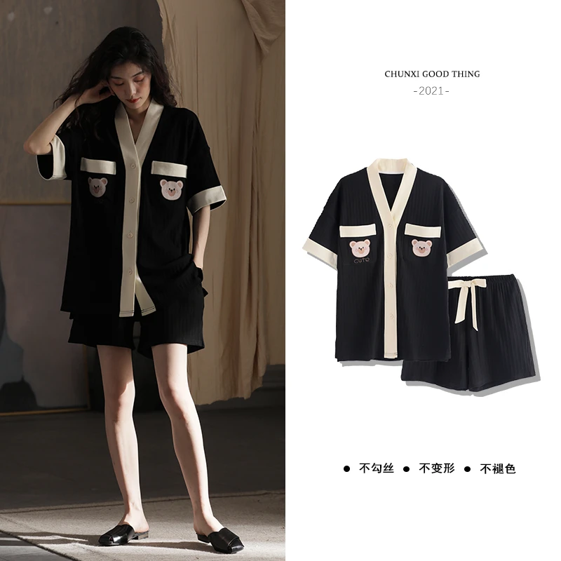 纯禧网红冰丝睡衣女休闲时尚短袖宽松甜美可爱可外出的家居服套装
