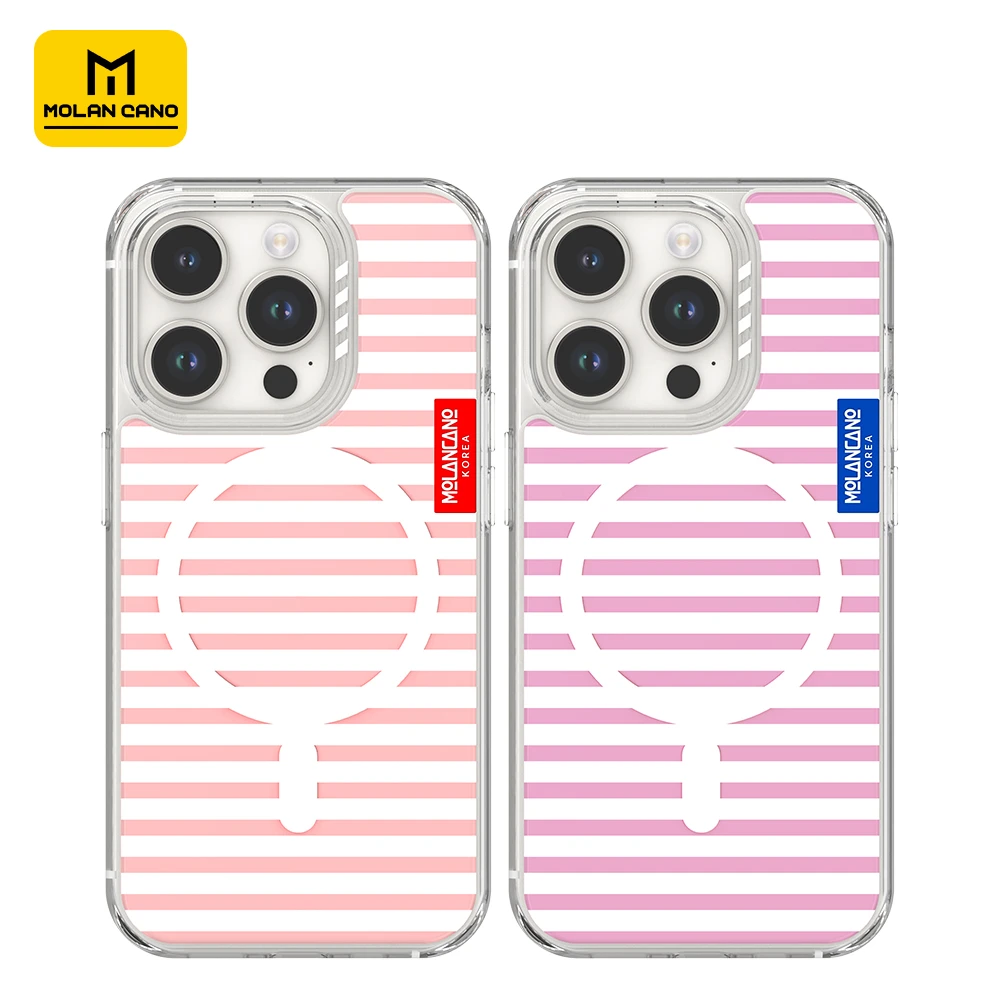 MOLAN CANO简约ins粉白条纹苹果iphone16，15promax防摔磁吸手机壳