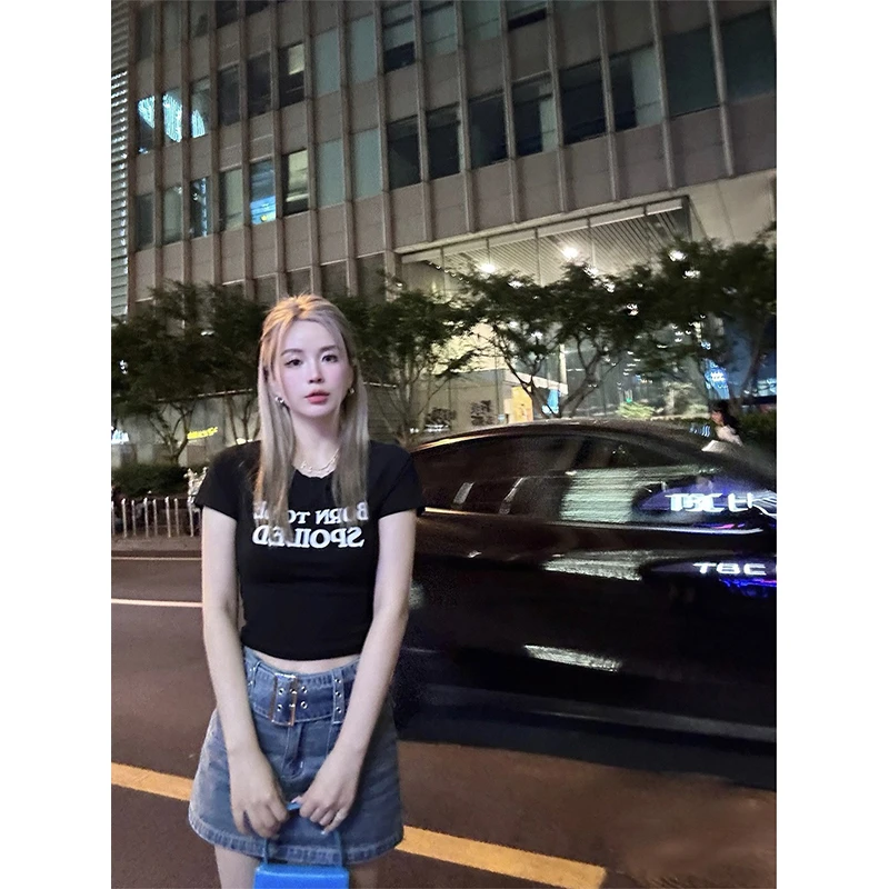 Mungs 1027「千禧辣妹」原创中高腰牛仔腰带刺绣包臀A字短裙裤