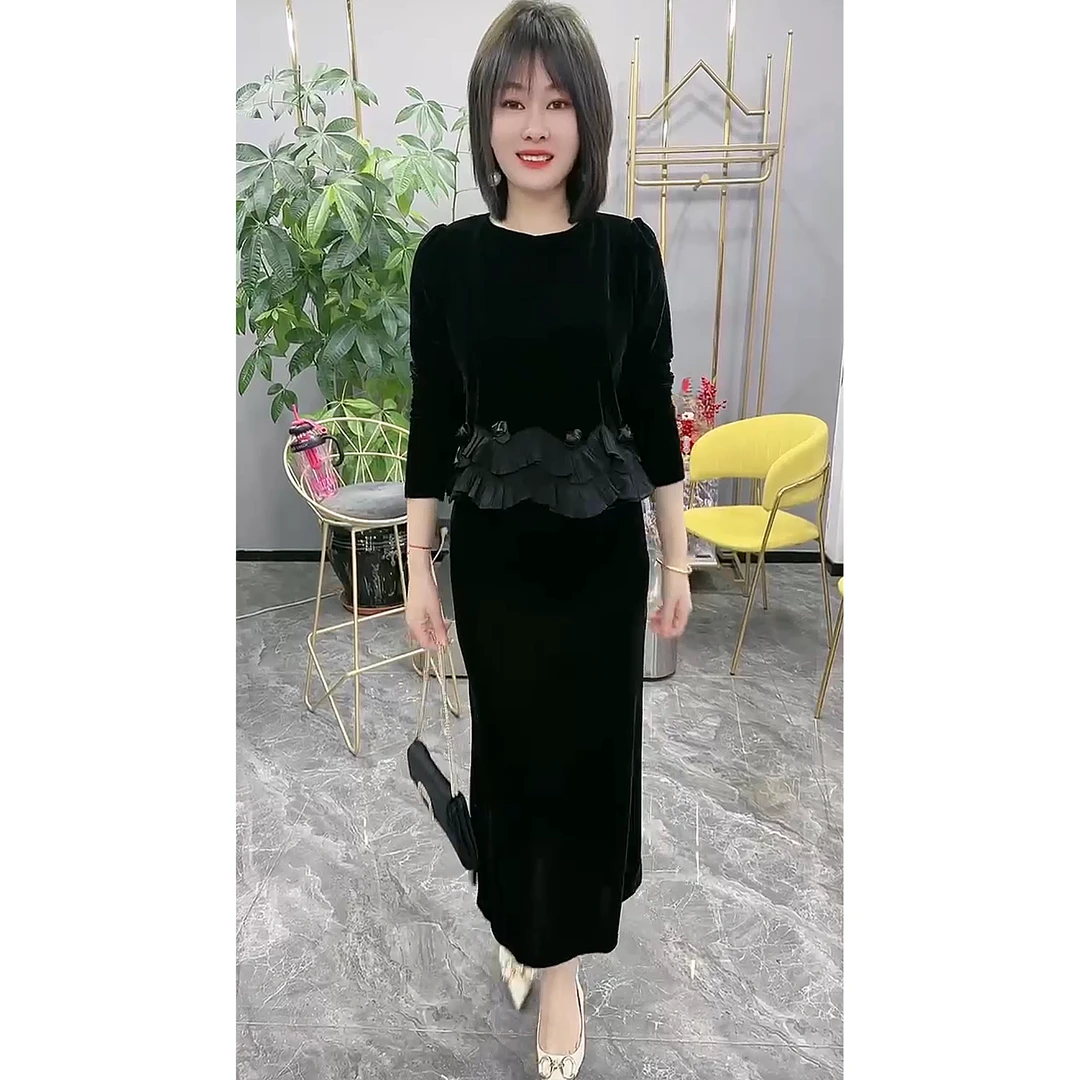 2005秋季新款 洋气百搭 提花国风金丝绒时尚套装 修身显瘦两件套