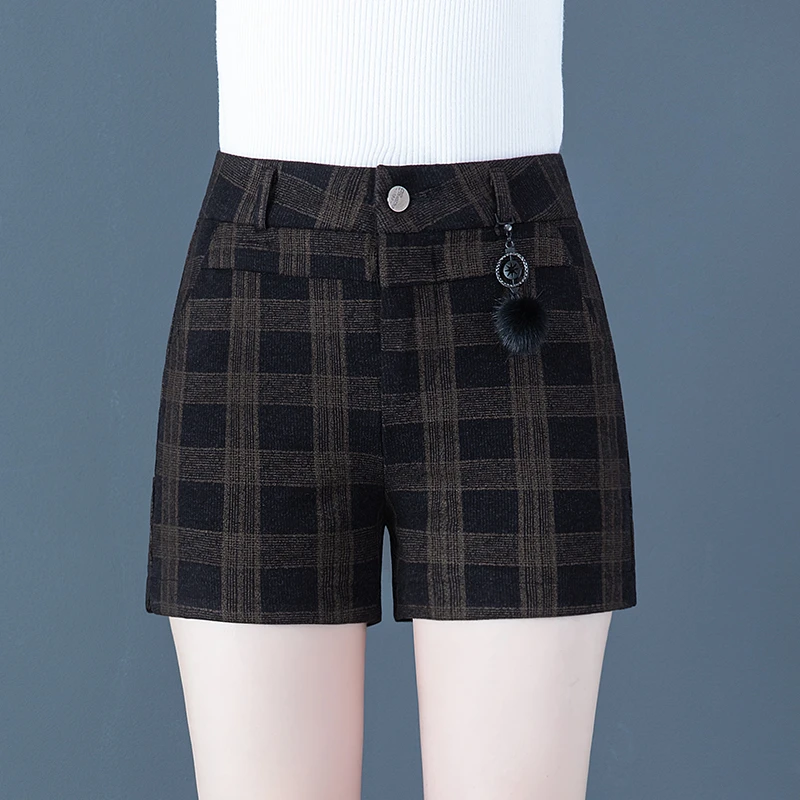格子毛呢短裤女士秋冬季韩版时尚显瘦外穿高腰百搭A字格纹休闲裤a