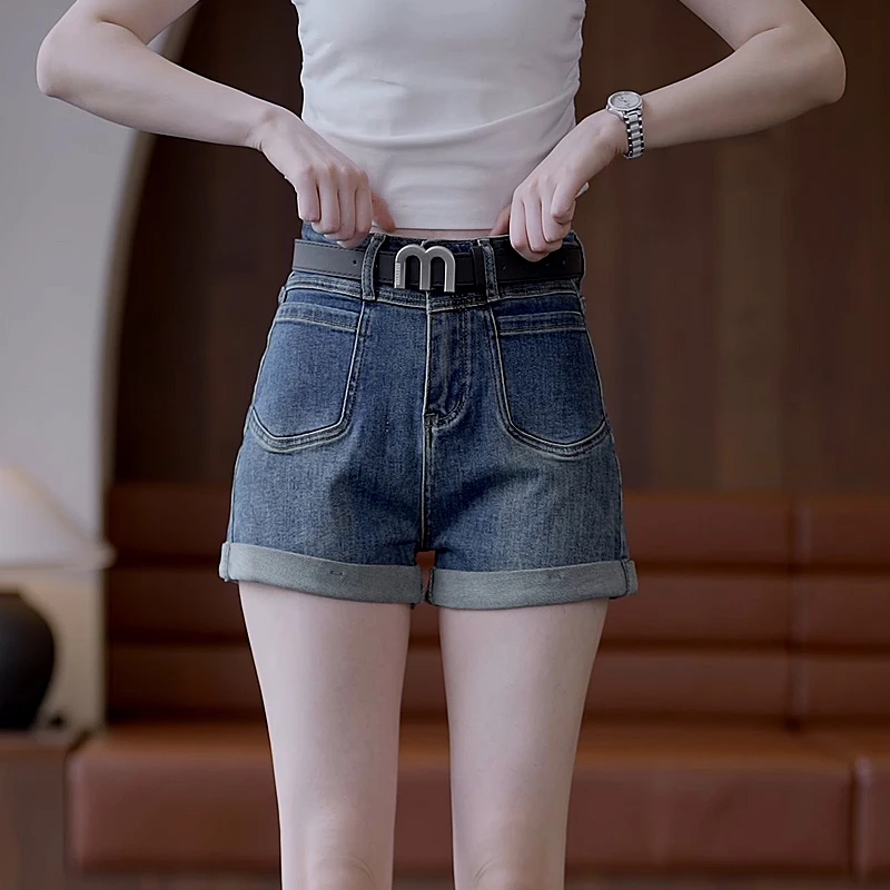 薄款卷边牛仔短裤女夏季薄款时尚百搭宽松高腰休闲弹力显瘦aA字裤