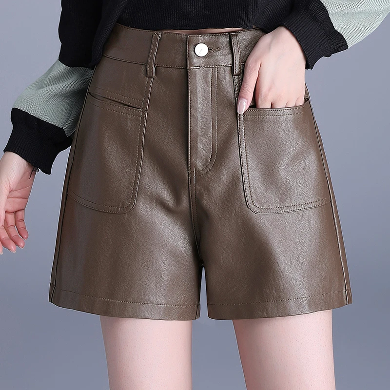 阔腿皮短裤女春秋季A字高腰显瘦时尚百搭宽松休闲大码秋冬外穿XNF