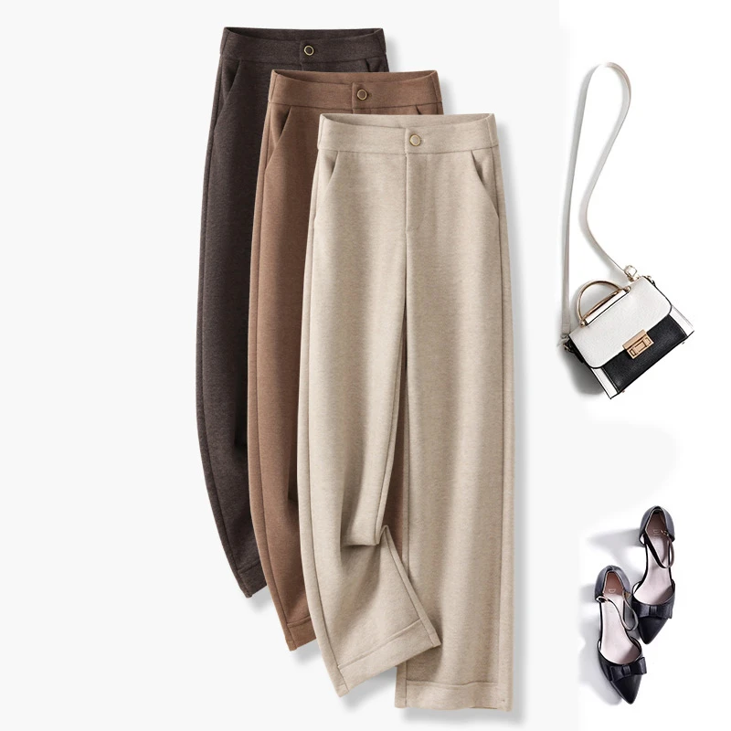 绵羊毛呢阔腿裤秋冬季2024新款高腰显瘦垂感加厚休闲裤宽松直筒裤