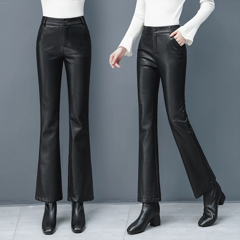 黑色PU皮微喇裤女秋冬2024新款高腰显瘦紧身加绒加厚外穿喇叭裤子