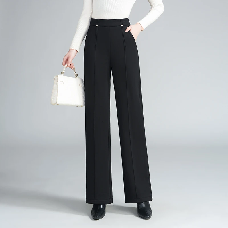 毛呢阔腿裤女2024冬季新款加绒加厚高腰垂感显瘦休闲西装直筒裤子