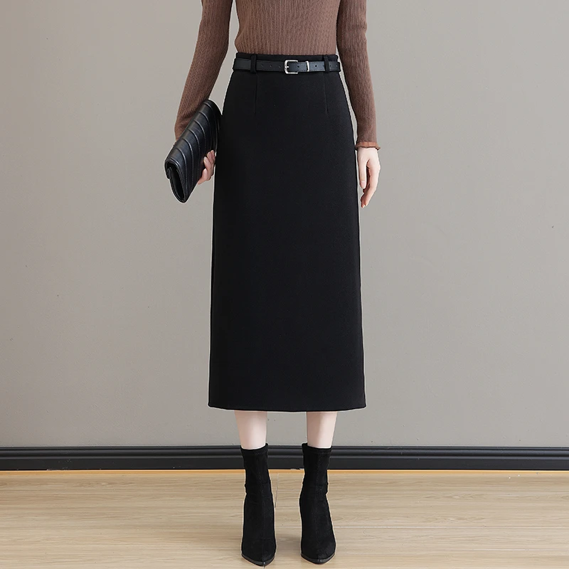毛呢半身裙女中长款秋冬季新款显瘦遮胯a字包臀裙开叉直筒一步裙