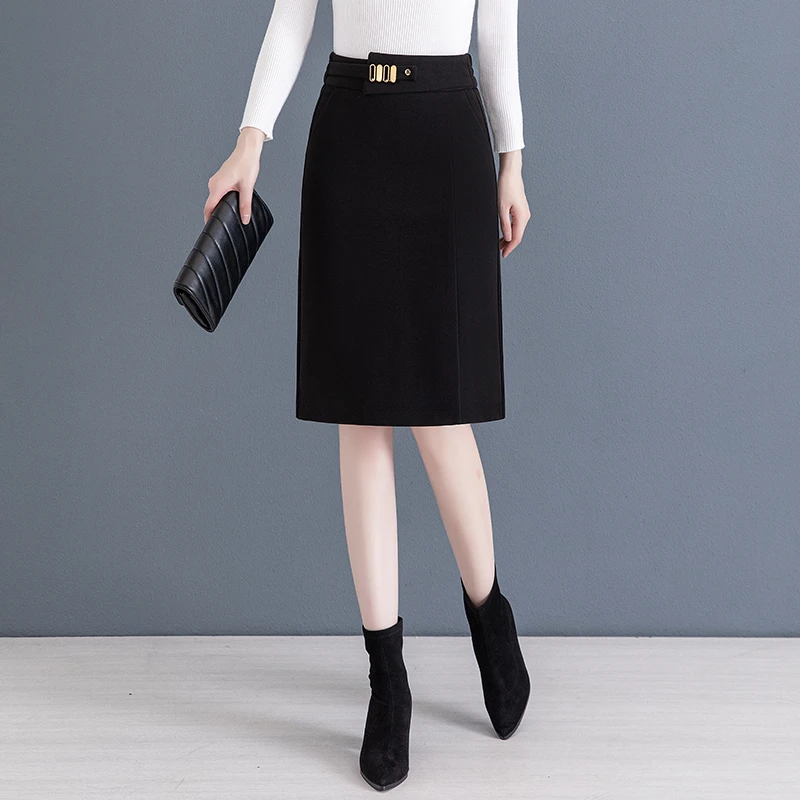 毛呢半身裙女秋冬包臀裙2023新款高腰a字中长款开叉气质一步裙子