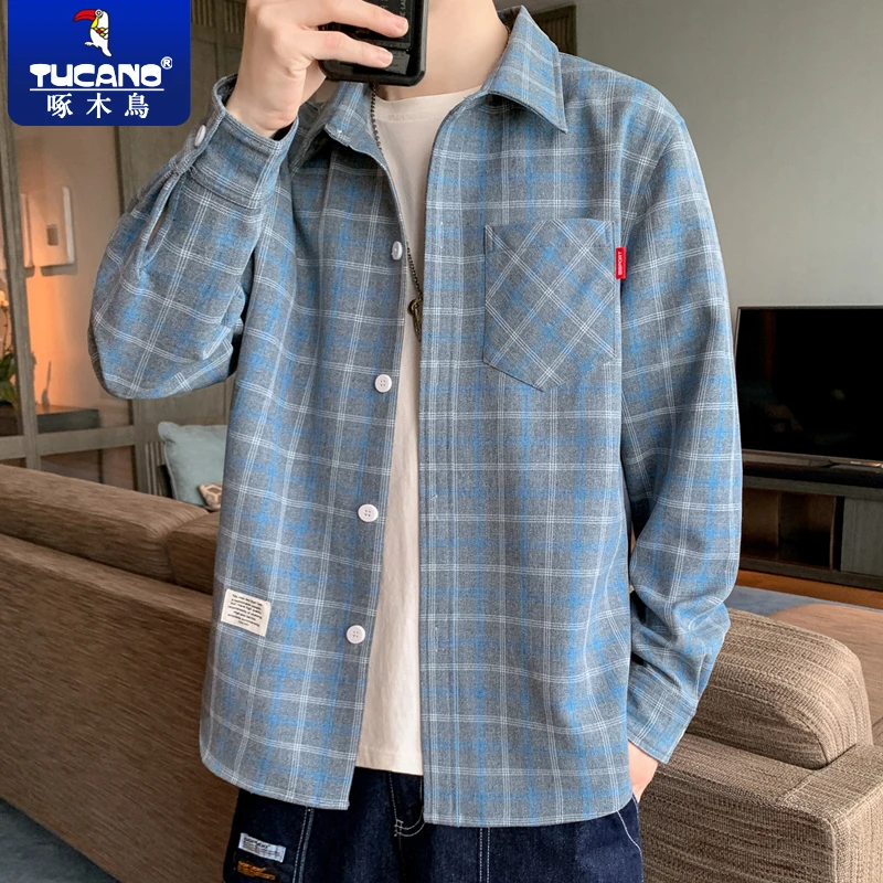 啄木鸟韩版长袖衬衫男士潮牌百搭格纹开衫衬衣男款2025春秋季男装
