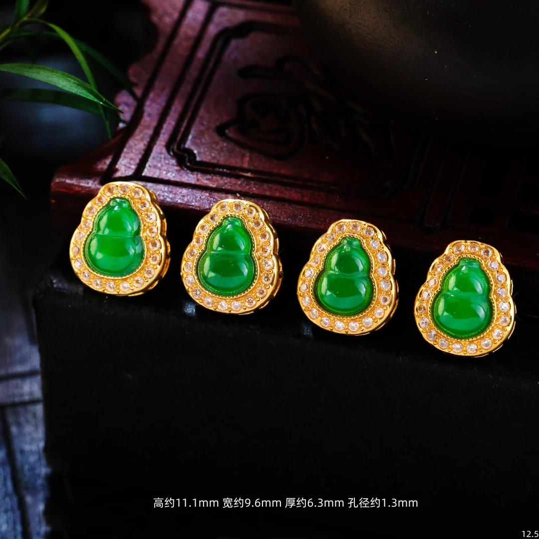 【金豆工厂】18K金豪镶缅A翡葫芦隔珠背云福禄双金配件H