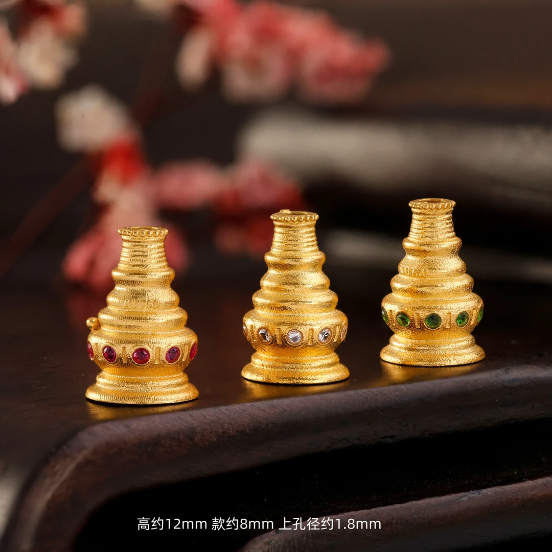 【金豆】18K金红蓝绿九层佛塔三通塔头佛头星月紫檀百香籽念珠佛帽C