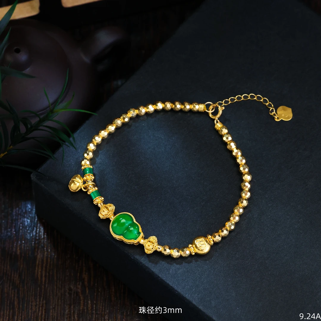 【金豆】18K金升级加大号天然缅A翡葫芦金珠手链（金珠约3mm珠）A