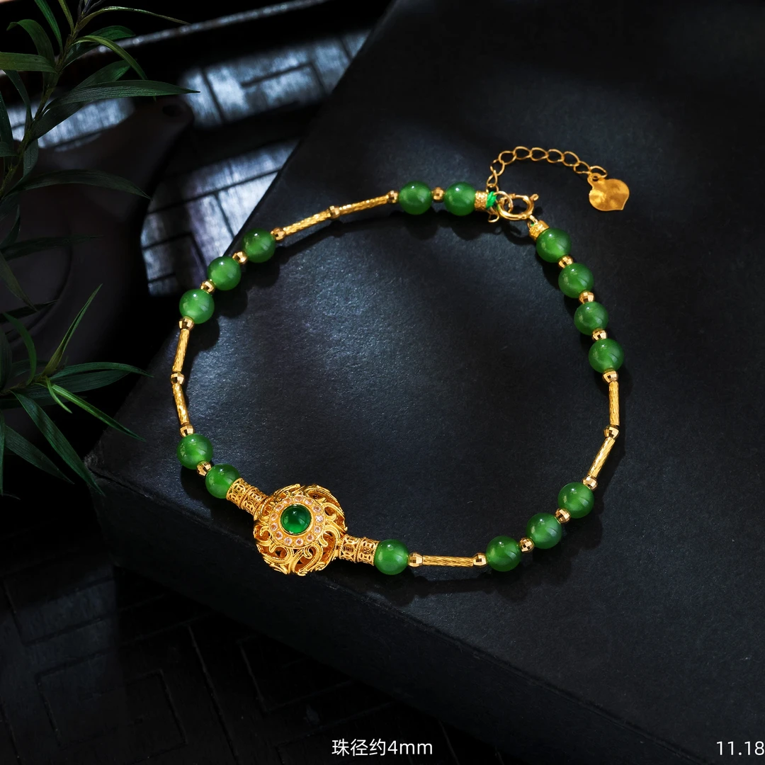 【金豆珠宝】小青柠||18K金豪镶翡翠苹果绿和田玉小米珠手串D