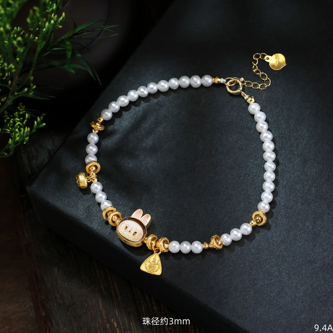 【金豆原创】拉布布 ||18K金钱袋子元宝兔子设计款天然淡水珍珠手链