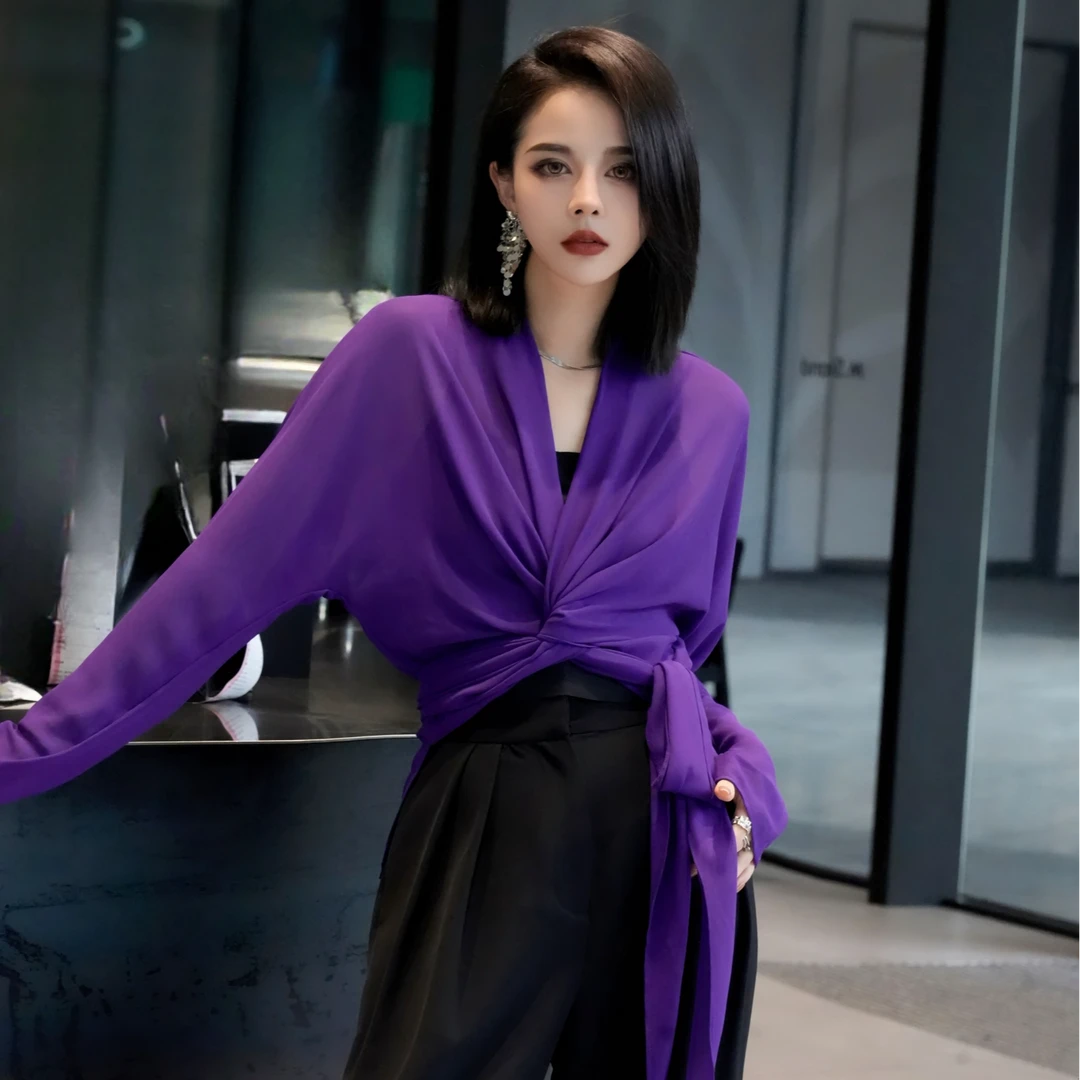 POPULARYW【雨落潇湘】Z.R上品屋 三色交叉绑带雪纺纱外披上衣衬衫