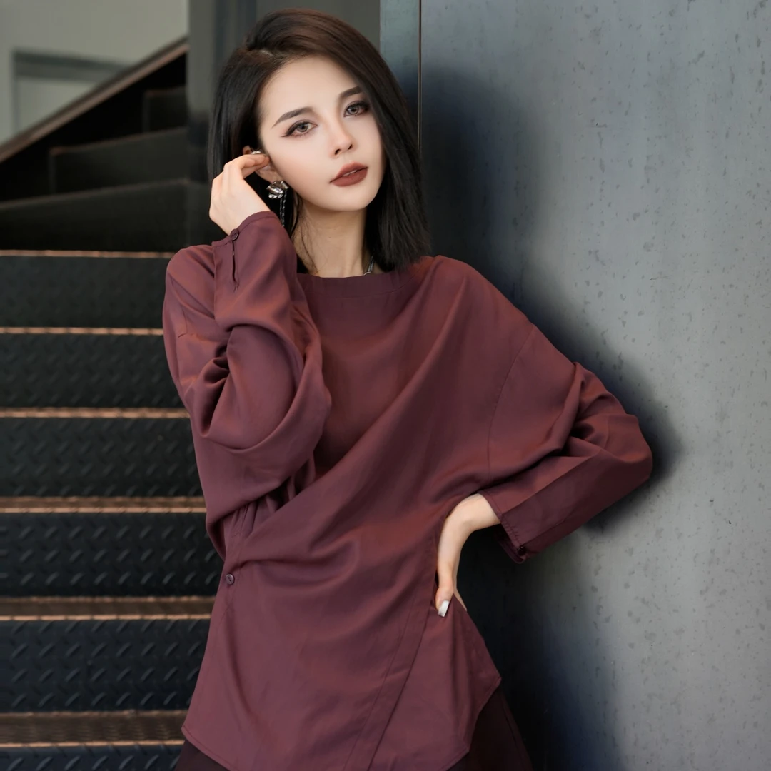 POPULARYW【胭脂婳染】Z·R上品屋 极简圆领交叉收腰衬衫秋季新款