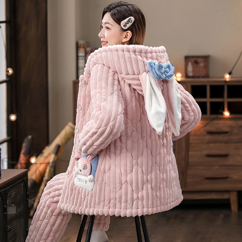 （年末清仓）三层夹棉四斤重冬天家居服连帽秋冬季保暖冬季家居服