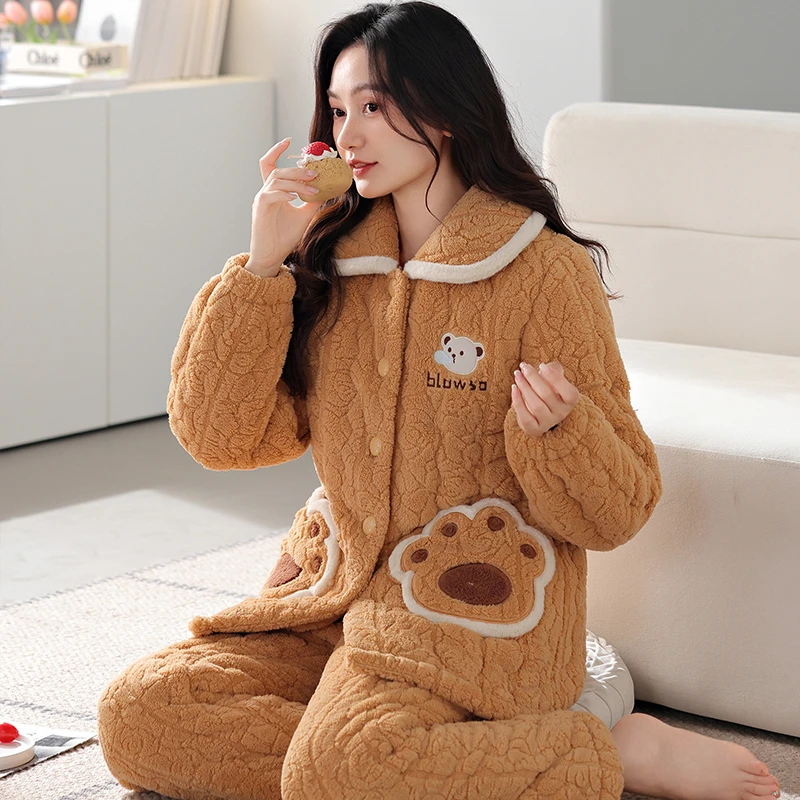 睡衣女秋冬季高颜值珊瑚绒开衫卡通法兰绒保暖加绒加厚家居服
