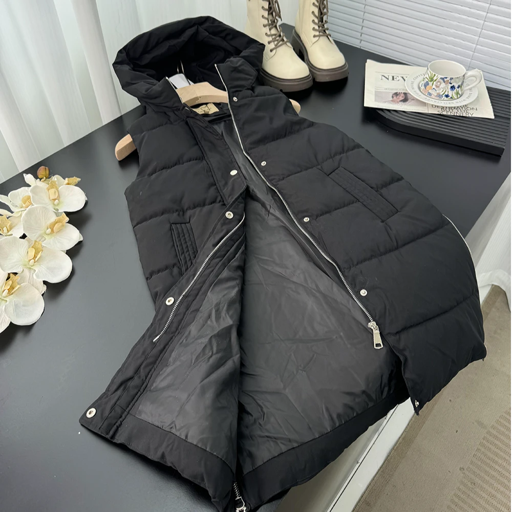 法单 冬季保暖连帽中长款拉链开叉无袖马甲5339