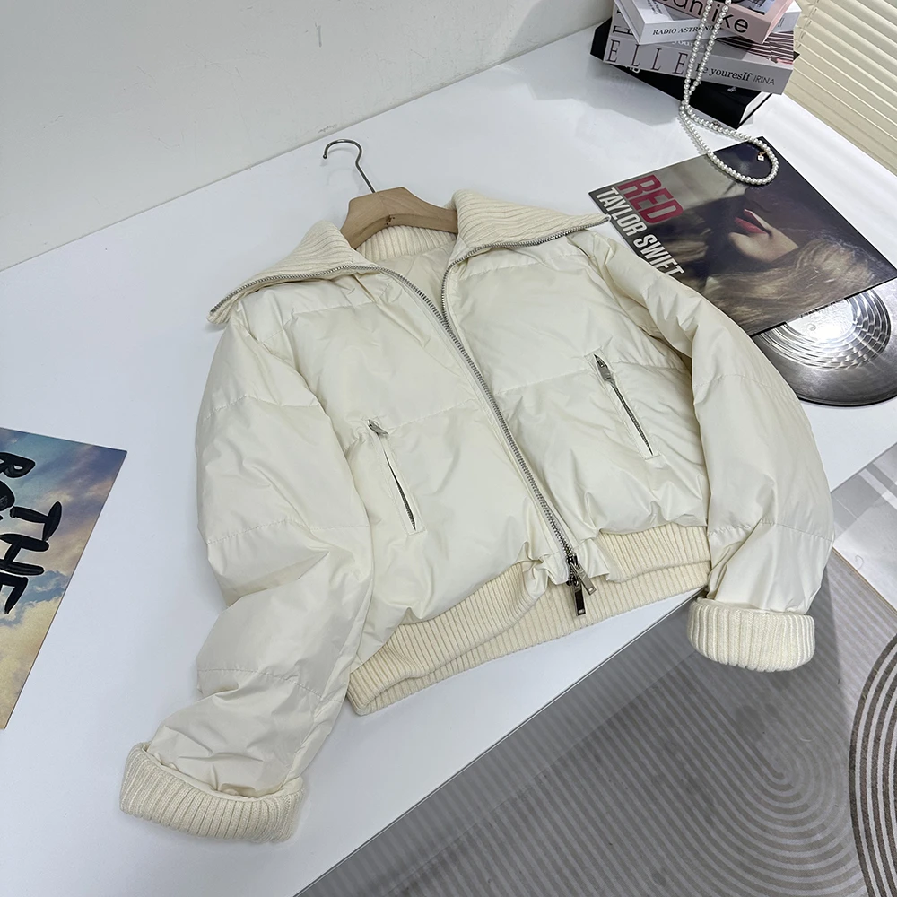 针织拼接大翻领羽绒服女冬季短款90白鸭绒双拉链外套12157