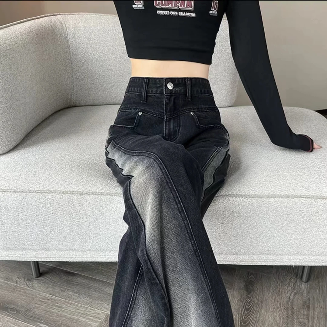秋冬新款双拼黑灰色显瘦高腰窄版直筒阔腿裤牛仔裤女时尚百搭