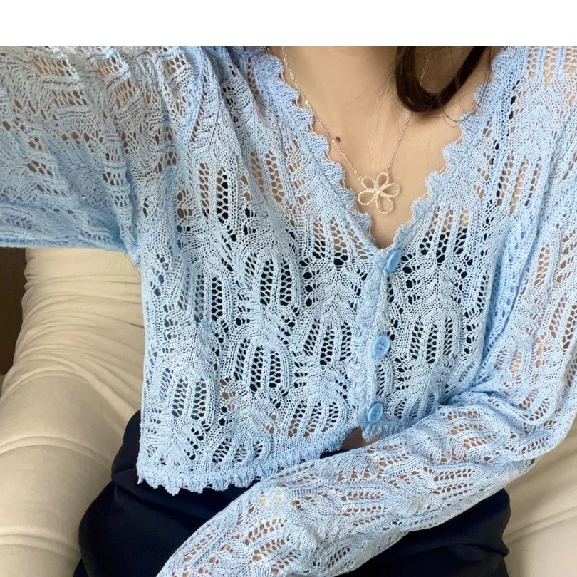 小清新显瘦碎花镂空上衣开衫针织短款夏季薄款百搭宽松法式v领