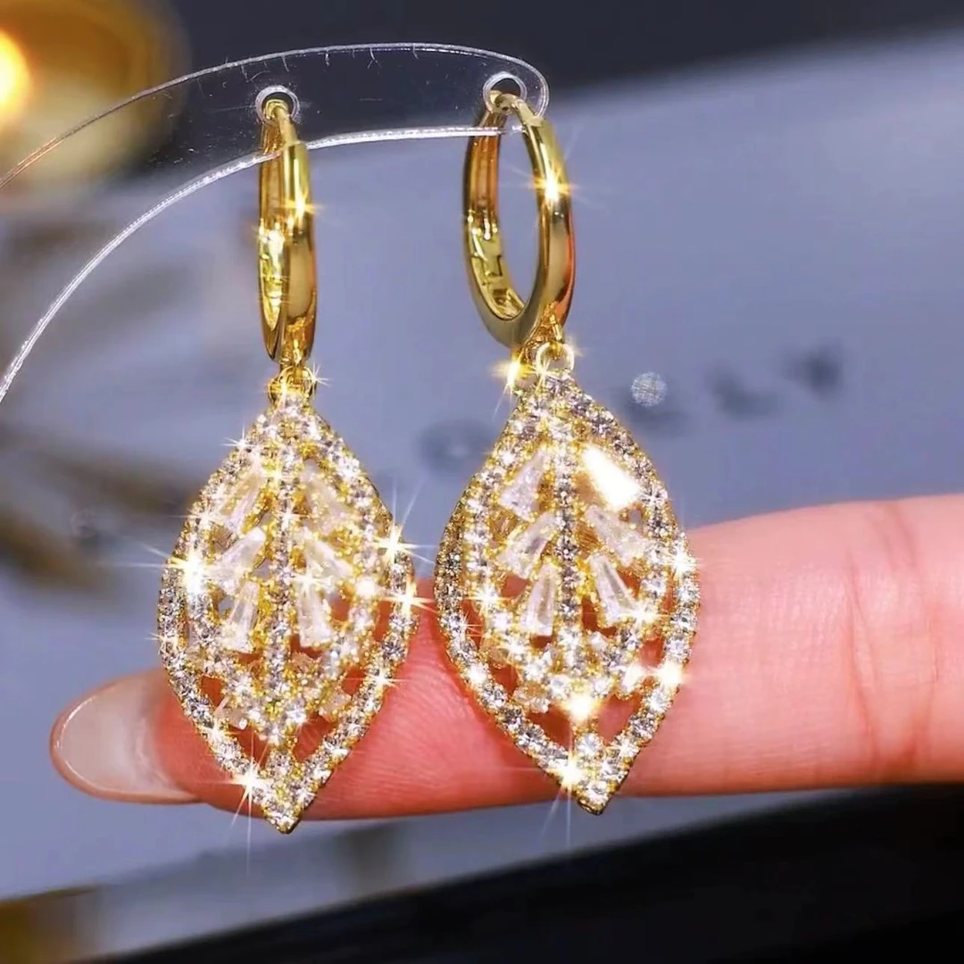 铜合金锆石耳饰 叶子耳环轻奢高级感冷淡风秋叶网红耳饰气质精致