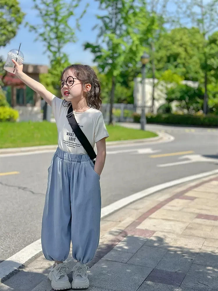 夏季宽松小女孩夏装纯色休闲裤潮2024新款女童裤子儿童洋气防蚊裤