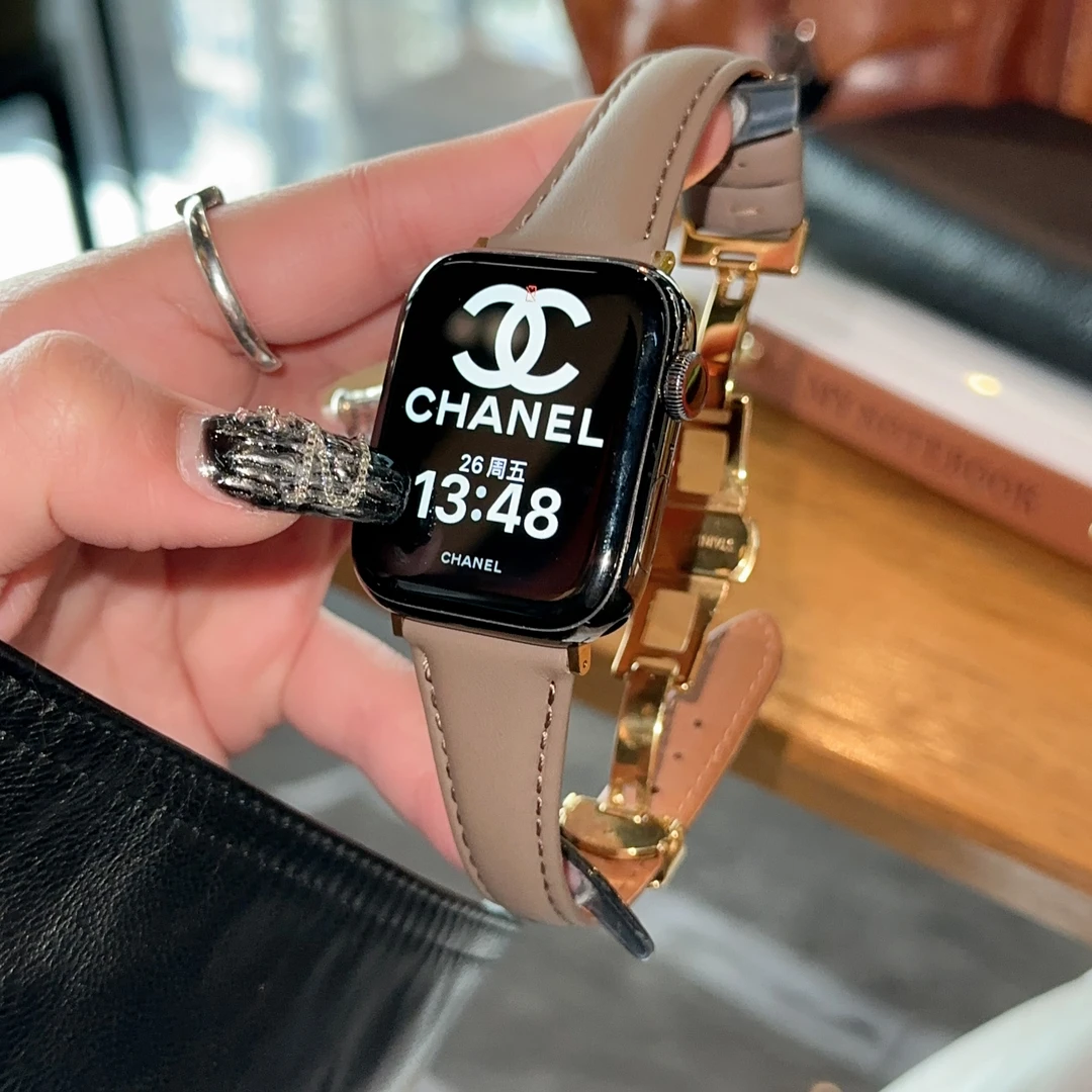 美拉德小牛皮蝴蝶扣苹果手表表带适用于applewatch3-9代iwatch