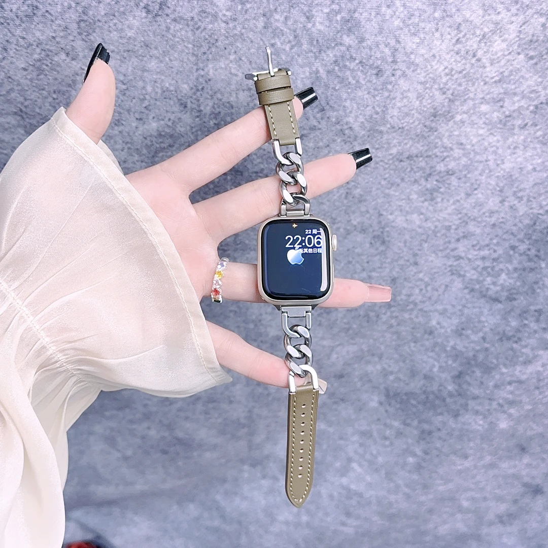 金属链式真皮拼接苹果手表表带适用于AppleWatch3456S7S8 SE