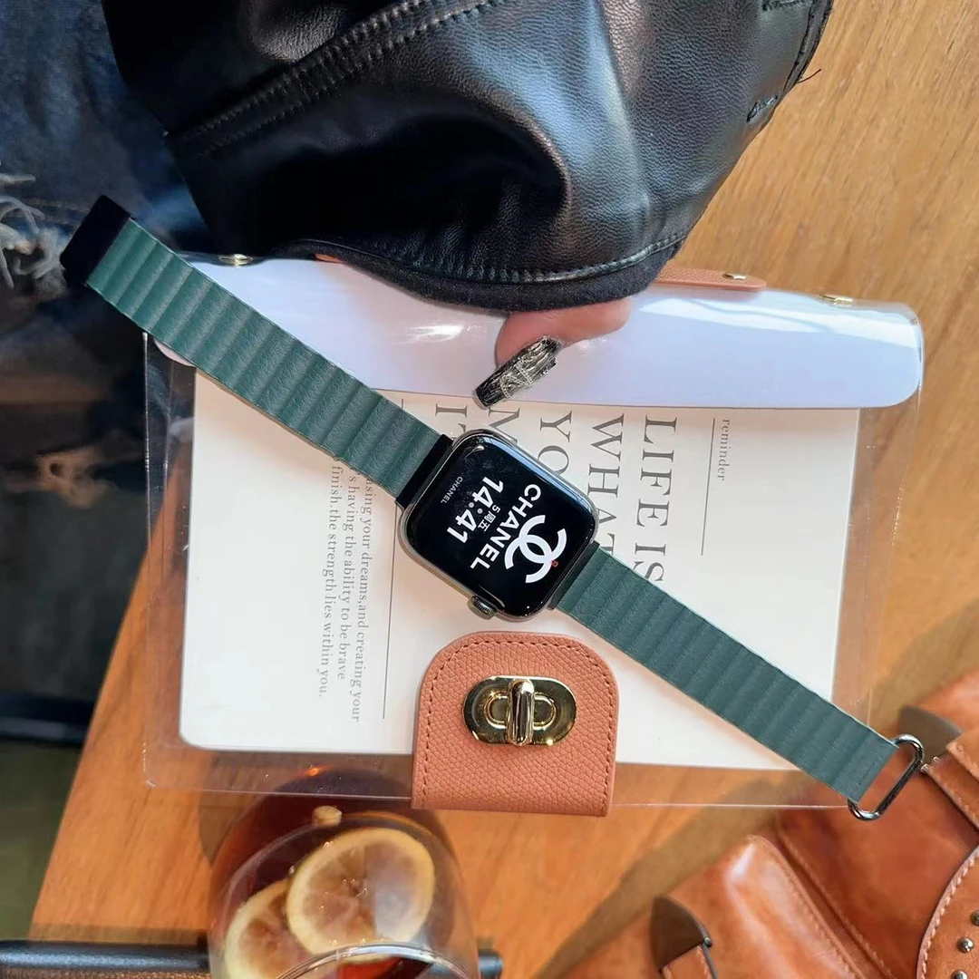 磁吸回环皮质安全扣苹果表带适用于applewatch1-9代iwatch