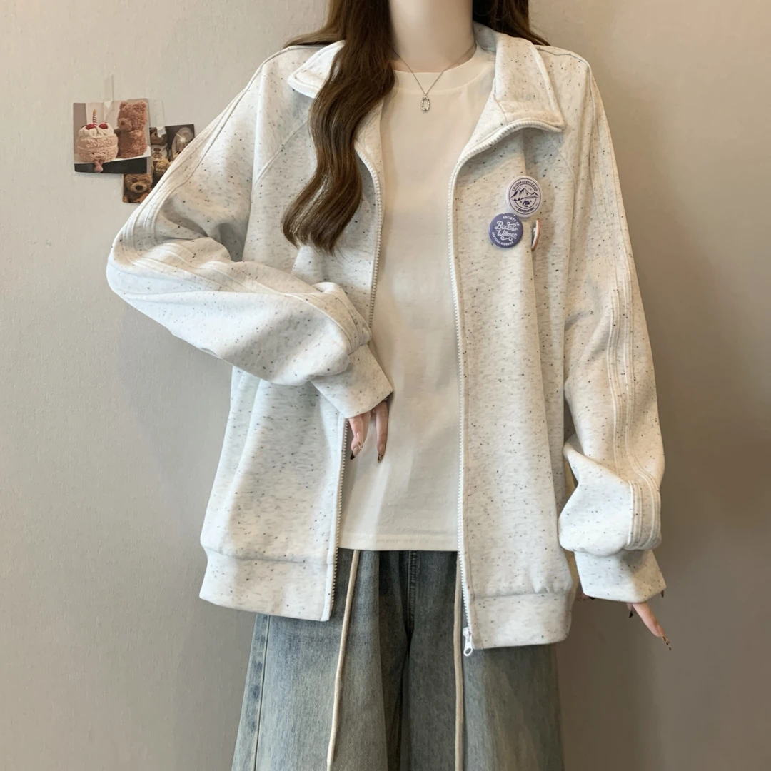 大码韩版慵懒感徽章卫衣开衫外套女2024新款休闲百搭上衣秋天外套